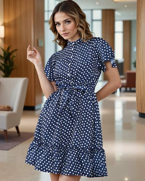 knee length dresses for ladies Lexi Bardot on off shoulder dip hemline midi skater dress navy blue – Deja  Elite Boutique main image 1