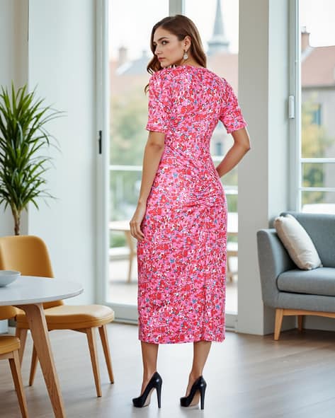 shein pink floral dress SHEIN Tall Women Romantic Date Slim Fit Long Dress Off-The-Shoulder Floral Pink Stretchy One-Piece Dress