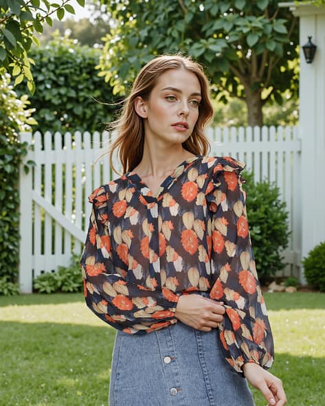 Shein Peasant Sleeves Leaf Printed Relaxed Fit Top with Ruffled Detail