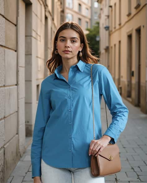 Shein Full-Length Cuffed Sleeves Spread Collar Curved Hem Loose Fit Shirt