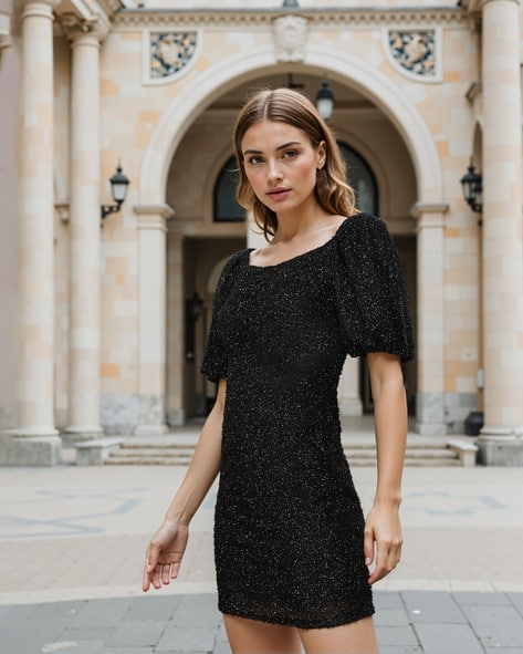 long bodycon floral dress Colette Panelled Puff Sleeve Midi Dress in Black
