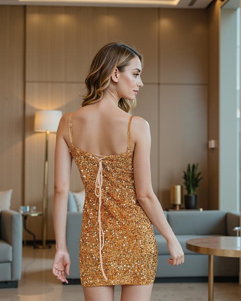 Shein Party Strappy Sleeves Gold Mini Bodycon Dress