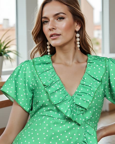 Buy Shein Shein Olive Ruffle Neck Puff ... Online | Ajio.com