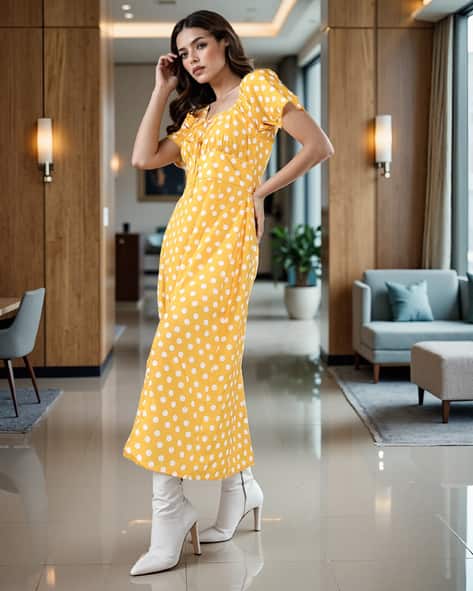 mustard yellow polka dot dress Yellow Polka Dot Cotton Midi Dress with Pockets