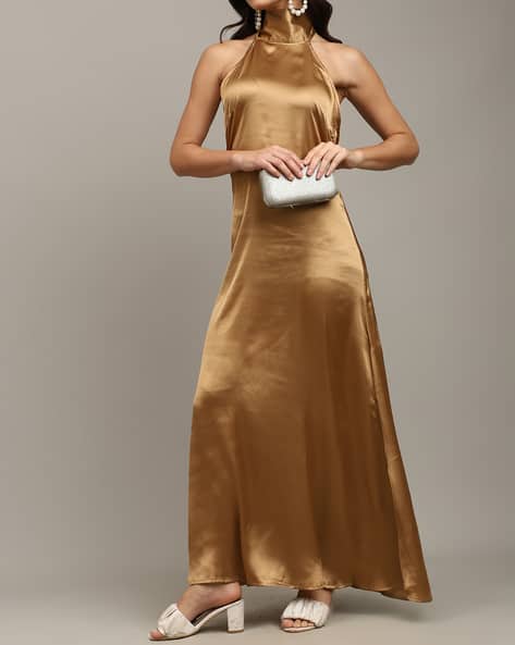 slim fit dress slacks Shein Mustard Polka Dot Halter Maxi Dress