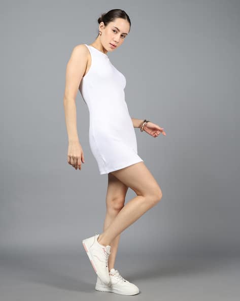 white mini dress with sneakers White Lace Strappy Mini Dress