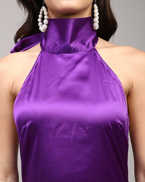 halter neck pleated dress Olena Purple Burnout Velvet Animal Print Mesh Halter Neck Maxi Dress main image 0
