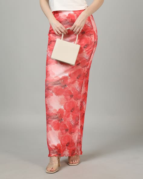 Shein Elegant High Waist Curled Hem Floral Print Bodycon Skirt