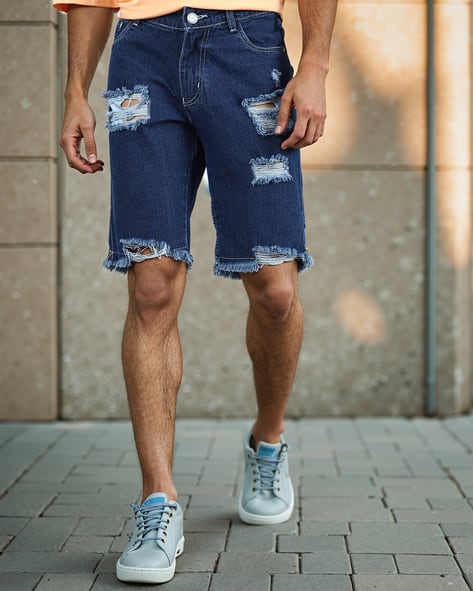 Shein Knee Length Frayed Hem Distressed Denim Shorts