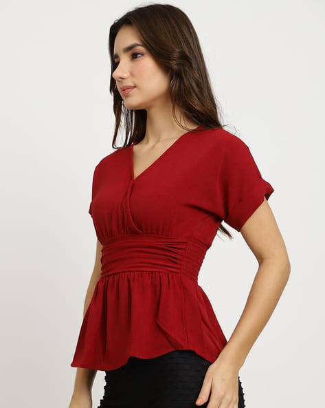 open lace back dress SHEIN VCAY Off Shoulder Frill Trim Flounce Sleeve Peplum Crop Blouse,  M1663840, Hot Pink, XS: Buy Online at Best Price in Egypt main image 1