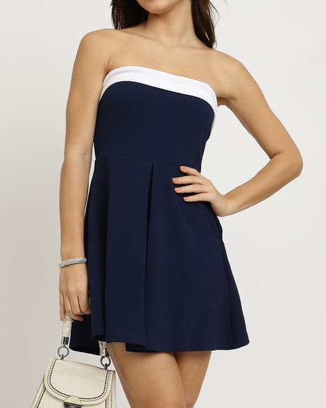 Shein Cute Strapless Contrast Trim Pleated Mini Skater Dress