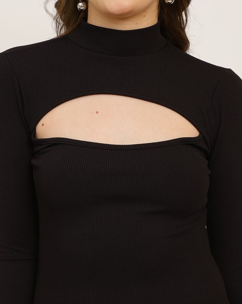 cold shoulder ruched bodycon dress Women Ribbed Black Bodycon Dress – FYVA main image 0