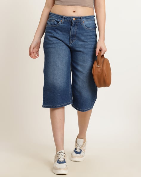 Shein Straight Fit Knee Length Denim Shorts With Pockets