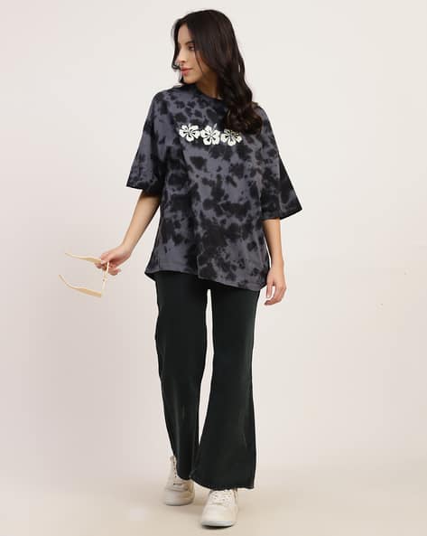 dark grey tie dye print oversize drop shoulder shirt