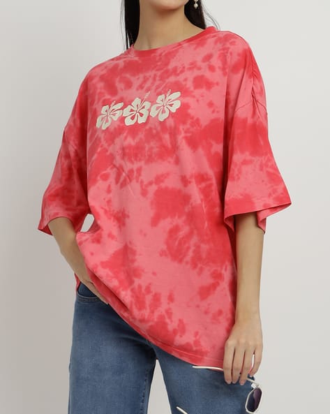 Shein Drop Shoulder Floral Print Tie and Dye Oversized Fit Crew Tshirt