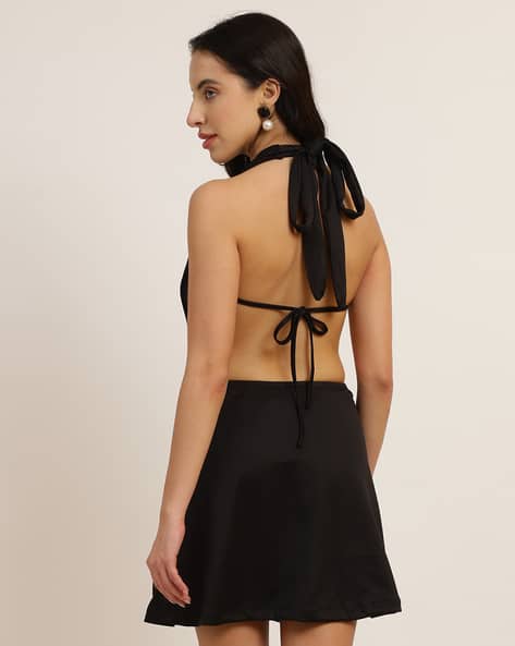 sachin and babi light blue dress Halter Neck O-Ring Drape Detail Mini Dress In Black | EGO US main image 1