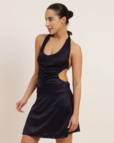 backless skater dress boohoo Women's Slinky Halterneck Backless Skater Dress in Black | Size: 4