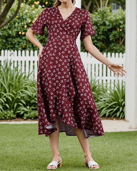 Shein Elegant Flutter Sleeves Floral Print Midi Wrap Dress
