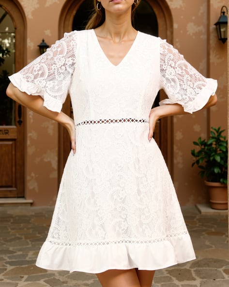 knee length dresses for ladies SHEIN Modelyn Ladies' Stand Collar Solid Color Belted Lace Splicing El