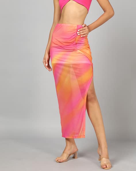 Shein High Waist Abstract Print Ruched Maxi Slit Skirt