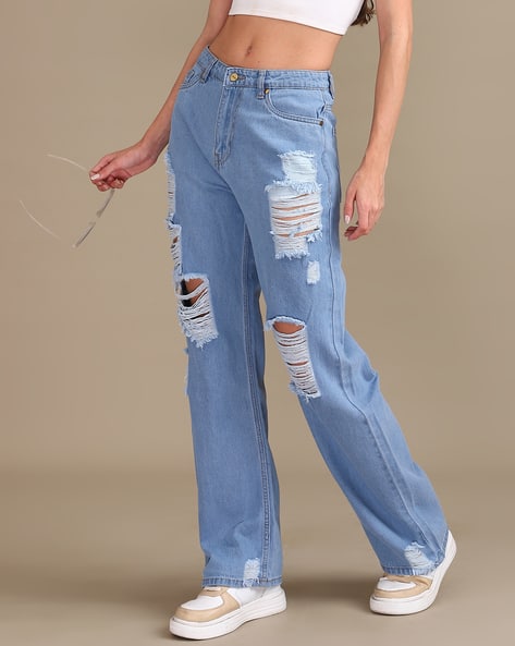 Shein Full Length Stone Wash Distressed Straight Fit Jeans