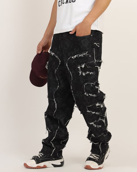 Shein Street Full Length Floral Print Distressed Relaxed Jeans