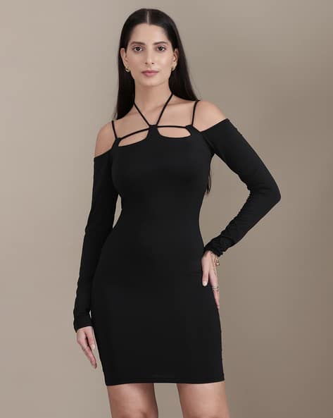 black cocktail dress shein Floral Mesh Puff Sleeve Ribbed Bodycon Dress
