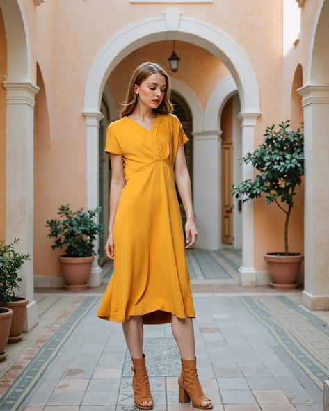 green emerald velvet dress Mustard V-Neck Fit and Flare Dress – Radheys