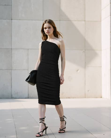 Shein Party Midi Length One Shoulder Curved Hem Ruched Bodycon Dress