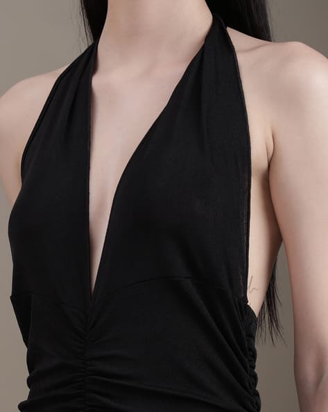 plunging neck tie front ruched split thigh dress