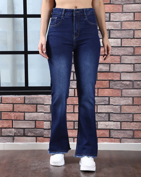 Shein Full Length Mid Wash Frayed Hem Flared Jeans