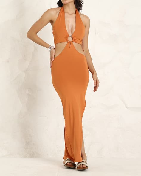 Shein Halter Plunging Neck Cut-Out Split Thigh Dress