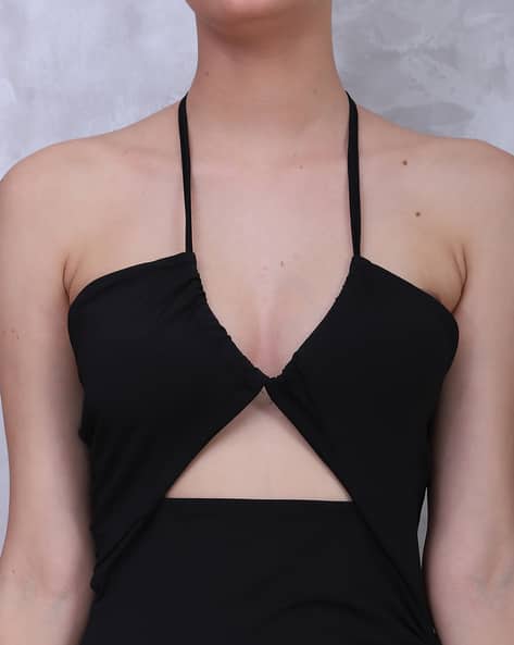 plunging neck tie front ruched split thigh dress