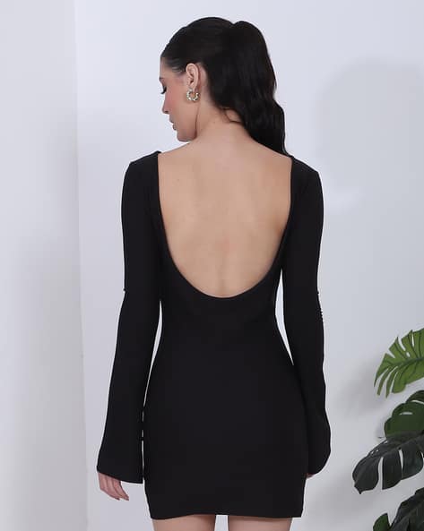 shein black backless dress SHEIN Glamour Sexy Deep V-Neck Ruched Backless Knit Long Sleeve Mini Dress, Women's Autumn/Winter/Back To School/Outing/Wrap/Formal/Romantic Dress Open Back Dress Black Club Dress Black Backless Dress Black Tight Dress, Christmas