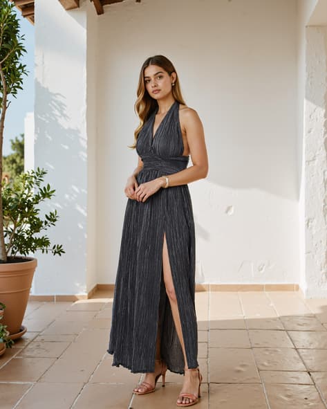 shein plunging neck split thigh dress SHEIN Belle Plunging Neck Split Thigh Bridesmaid Dress