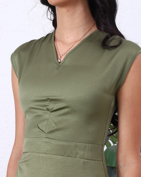sage green pencil dress Mac Duggal - Green Crepe Sleeveless Midi Dress With Flower Beading