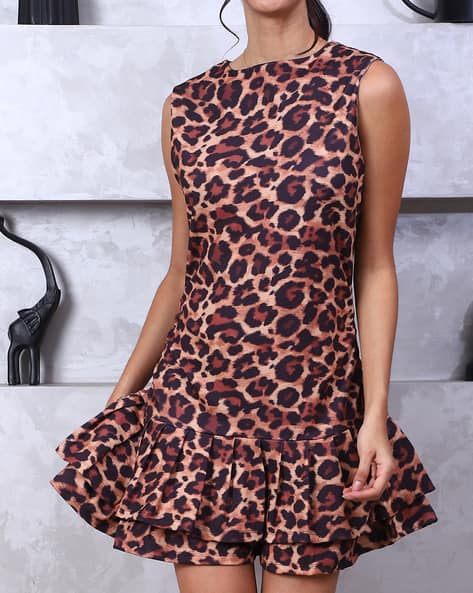 Shein Pleated Layered Animal Print Mini Drop Waist Dress