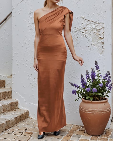 shein brown satin dress SHEIN BAE CURVE Plus Size Women's Brown Elegant Satin Long Slit Dress, Graceful Dress, Summer Outfits, Independence Day, 4th Of July, Elegant