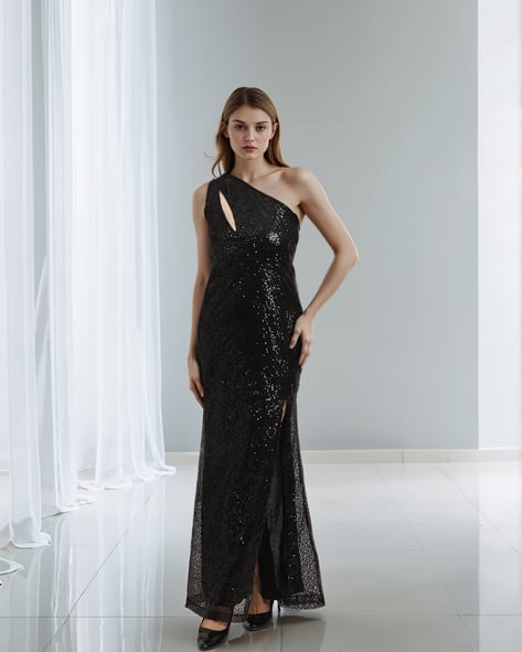 shein sequin dress black Women's Sexy Feather-Like Shoulder Exposed Sequin Dress