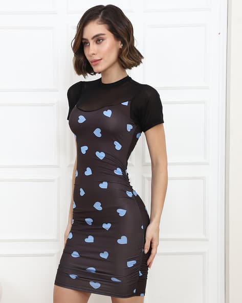 Shein Cute Short Sleeve Heart Print Ruched Bodycon Dress