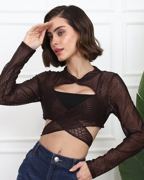 Shein Party Fitted Reptilian Mesh Semi-Sheer Cross Over Wrap Top