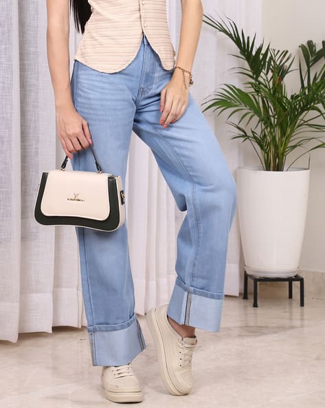 Shein Straight Fit Extra Long Length Turn Up Hem Light Wash Jeans