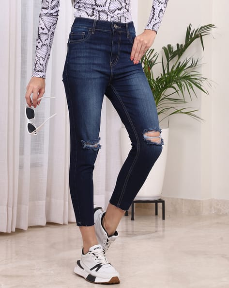 Shein Skinny Fit Ankle Length High Rise Knee Slit Mid Wash Jeans