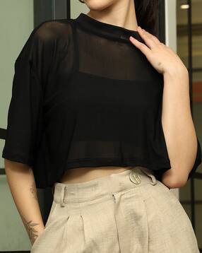 Shein High Neck Drop Shoulder Sheer Top With Innner Cami Top