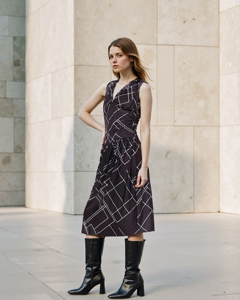 shein black and white dress Pariaura & Polka Dot Tied Waist Midi For Women | Dress SHEIN | Dresses | Shein