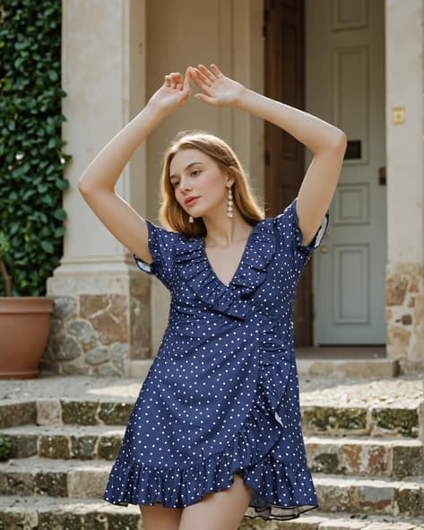 Ruffle Wrap Blue Polka Dot Ruffle Dress Buy Navy Dresses For Women
