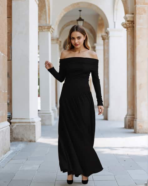 chinese dress ladies SheIn Women's Deep V Neck Long Sleeve Split Thigh A-Line Maxi Party Dress  Black X-Small : Buy Online at Best Price in KSA main image 1