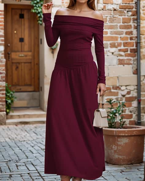 Shein Off Shoulder Full Sleeve Textured Maxi A-Line Dress