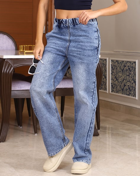 Shein Full Length Elasticated Waist Stone Wash Jeans