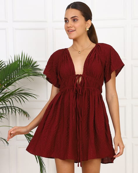 green emerald velvet dress Red Dress | Blue Cotton Flutter Sleeve Tie Waist Mini Dress main image 1